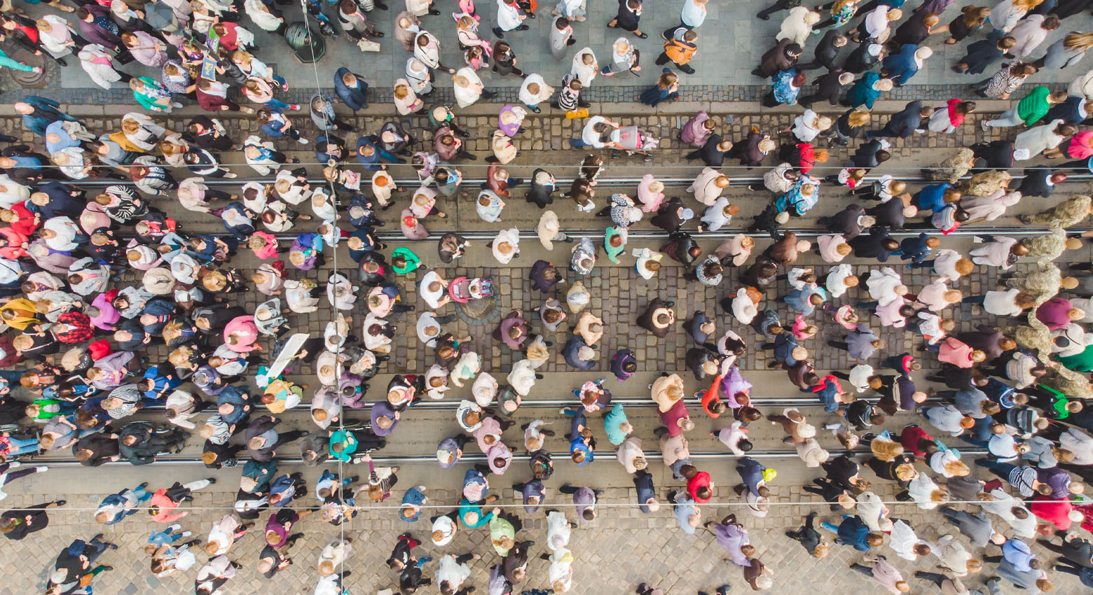 LVIV, UKRAINE - October 7, 2018: aerial view religious procession at city streets. nuns and monks