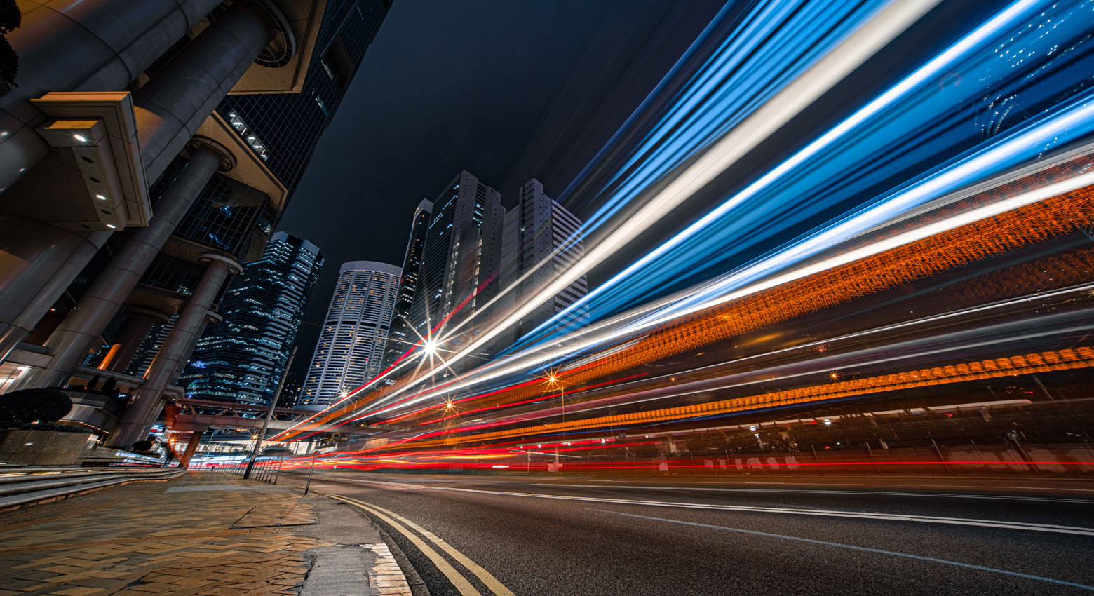 Street at night with lights shown in high speed