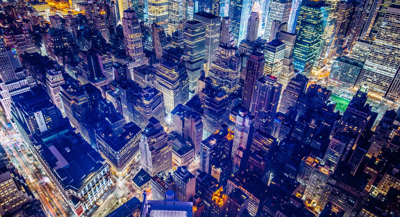 Overhead view of city scape at night 