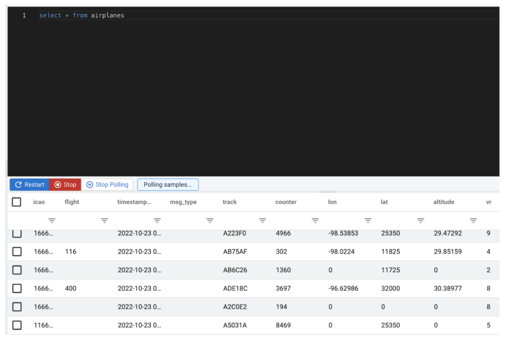 ADSB raw data queried using SSB looks similar to the following